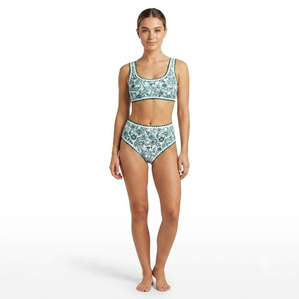 Womans Swimsuit 2 Piece Seafolly Green White Floral Trim Scoop Neck Bikini